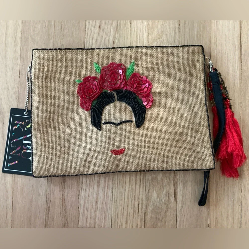 3 in 1 Handmade Burlap Frida Kahlo Embroidery Crossbody Wristlet Clutch‎ Latina